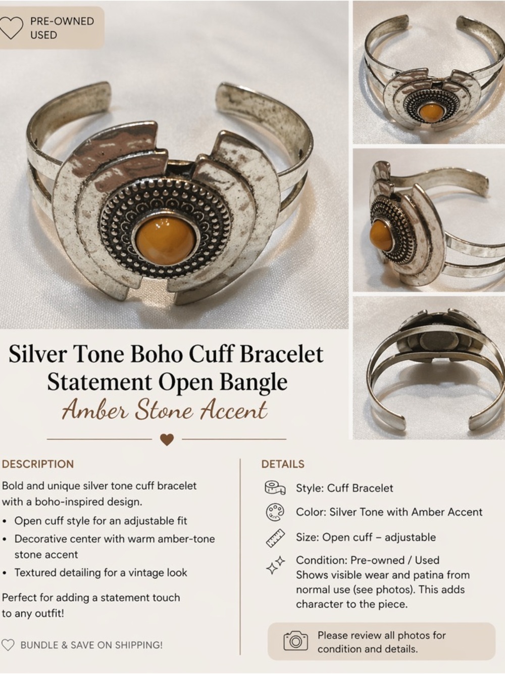 Silver Tone Boho Cuff Bracelet Statement Open Bangle Amber Stone Pre-Owned